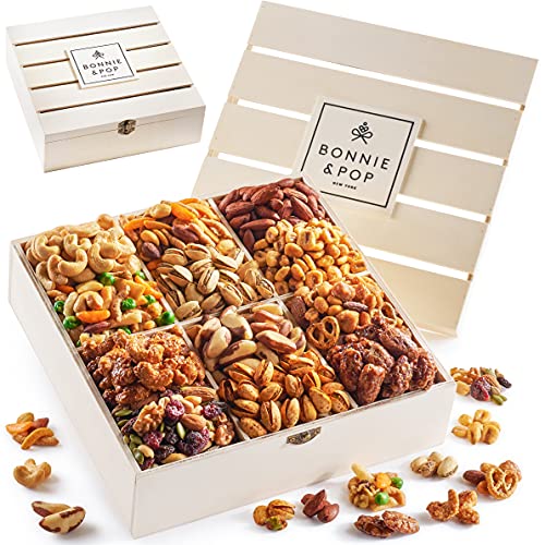 BONNIE AND POP Nut Gift Basket - Deluxe Assorted Nuts in Reusable Wood Crate for Parties, Holidays, Birthdays, Sympathy, Thank You