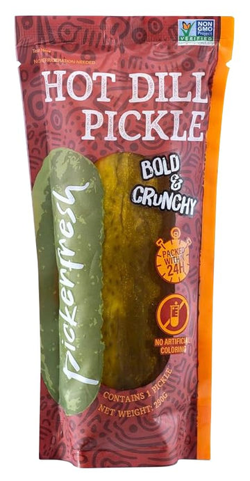Pickerfresh Jumbo HOT Dill Pickle In A Bag 12 Pack - Bold & Tasty! Non-GMO Verified - Packed within 24 Hours of Picking - No Art