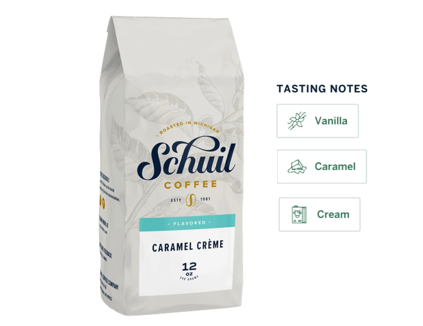 SCHUIL Caramel Creme Whole Bean Coffee, Fair Trade, Light Roast, 12 Ounce Bag