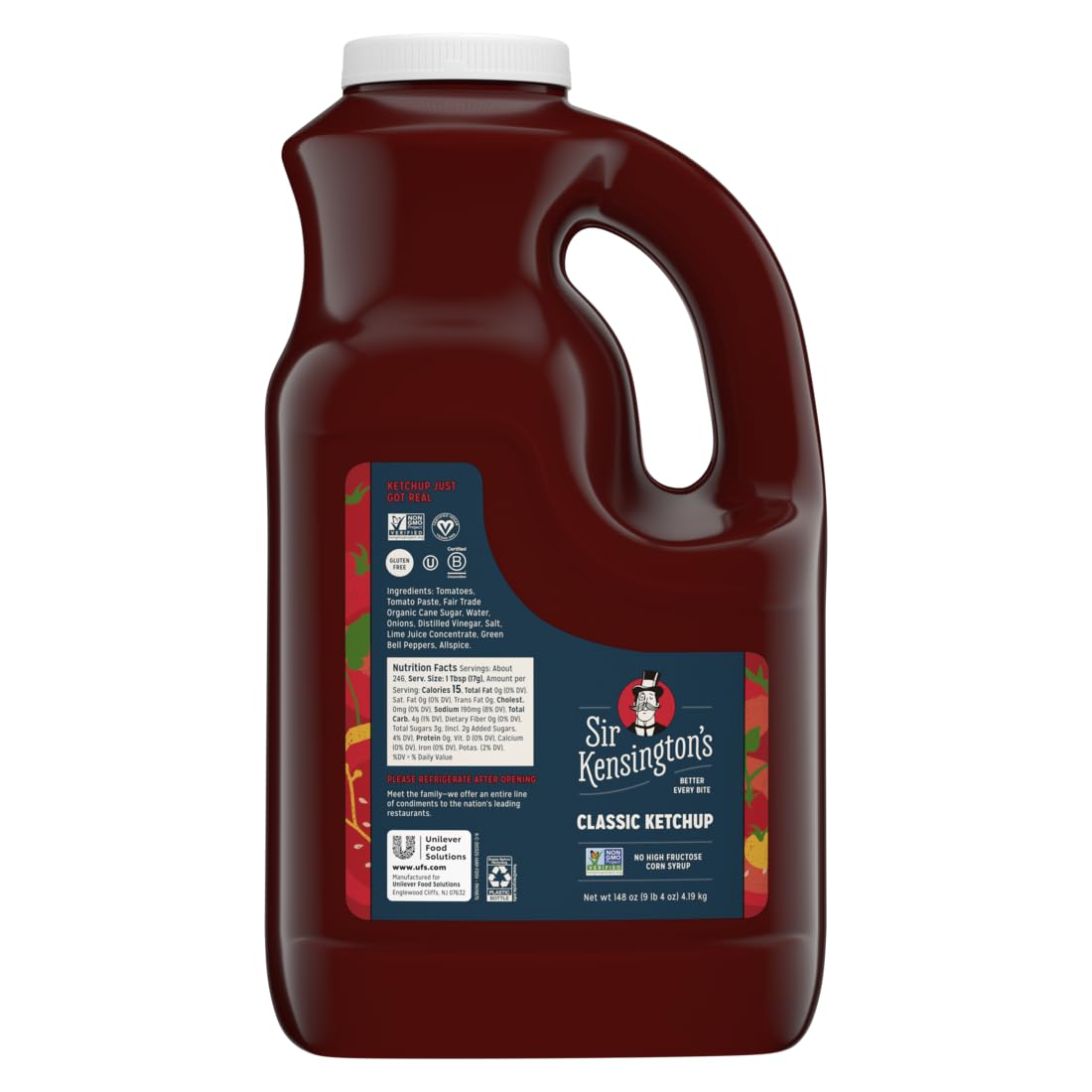 Sir Kensington's Classic Ketchup Jar for Foodservice, 148oz (Pack of 4), No High Fructose Corn Syrup Classic, Gluten Free, Vegan