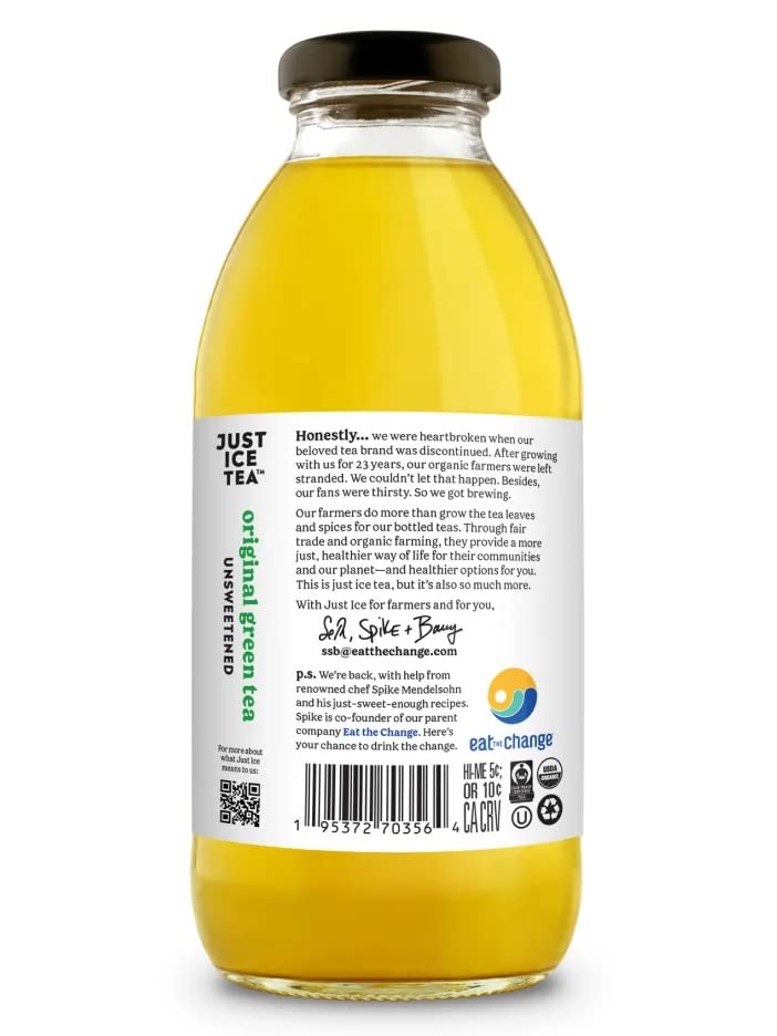 Just Ice Tea Organic Iced Tea, Original Green Tea, Pack of 12, 16 Fl Oz Glass Bottles