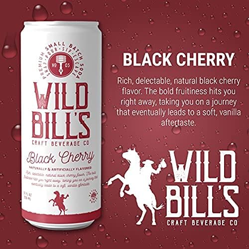 Wild Bills Black Cherry Soda - Craft Soda, Caffeine Free, Vegan, 12 Oz 4 Pack