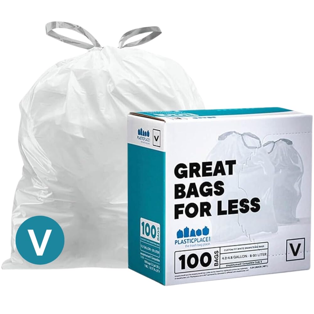 Plasticplace Simplehuman (X) Code V Compatible (100 Count) Drawstring Garbage Liners 4.2-4.8 Gallon / 16-18 Liter 14.75'' X 28''