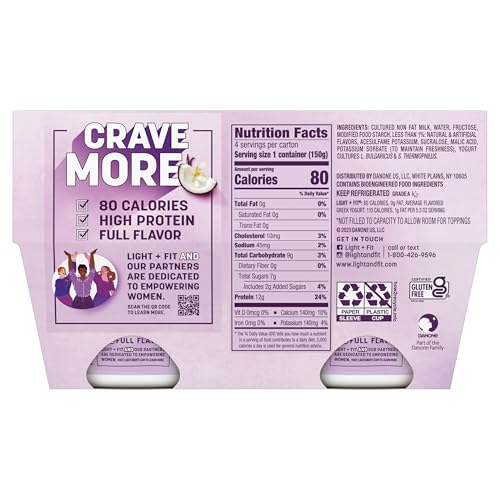 Dannon Light + Fit Greek Toasted Coconut Vanilla Fat Free Yogurt, Creamy and Delicious Gluten Free Yogurt, 4 Ct, 5.3 OZ Yogurt C