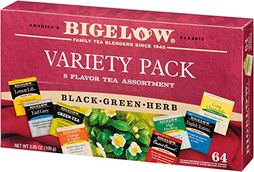 Bigelow Tea Variety Pack 8 Flavor Assortment, 64 Count (Pack of 6), Caffeinated Green and Black Tea Bags for Hot or Iced Tea