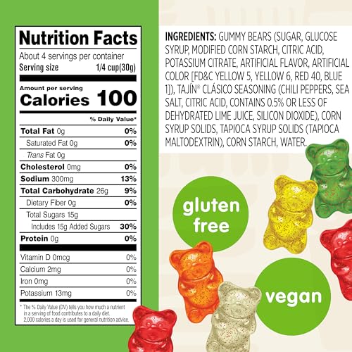 Snak Club Tajin Gummy Bears, Assorted Fruit Candy Gummies with Chili and Lime Seasoning, Mild, Gluten-Free and Vegan Snacks, 4 o