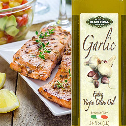 Mantova Garlic Extra Virgin Olive Oil (EVOO), Cold-Pressed, Imported from Italy. Topping for salad, vegetables, pasta salad. Per
