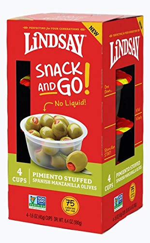 Lindsay Snack And Go! Pimiento Stuffed Spanish Manzanilla Olives, Case Of 4 (16 Snack Cups)