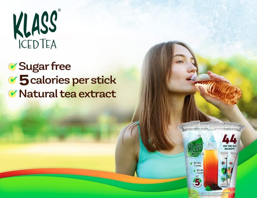 Klass Iced Tea Drink Mix - Sugar Free Variety Pack - Peach & Lime Black Tea On-The-Go! (44 Count Powder Stick Packs) 5 Calories Per Packet