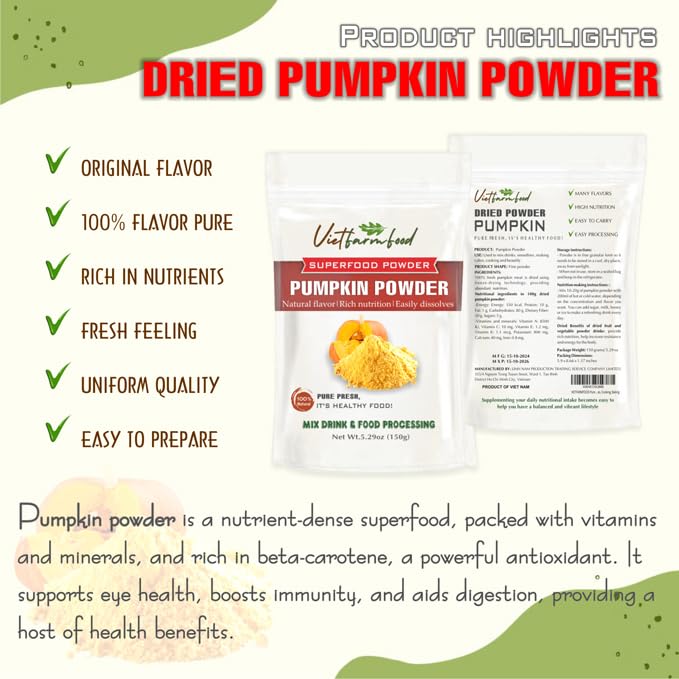 Pumpkin Powder 5.29 Oz (150G) Vietfarmfood: Freeze-Dried Extracted From 100% Pure, Sugar-Free. Used To Mix Mixed Drinks Fresh Fr