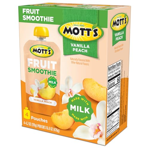 Motts Fruit Smoothies Vanilla Peach, 4.2 oz clear pouches, 24 Count (6 Packs of 4), Made With Milk, Made With Real Fruit, Good S
