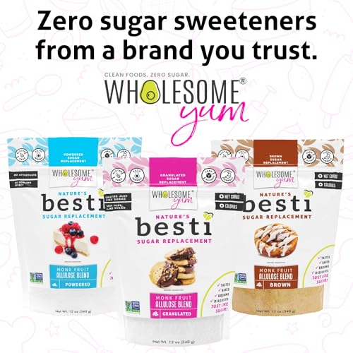Wholesome Yum Besti Natural Sugar Substitute - Keto Granulated Monk Fruit Sweetener Blend With Allulose (No Erythritol) - Non GMO  Zero Calorie  Zero Carb  Sugar Free  No Aftertaste (12 oz  2 Pack)
