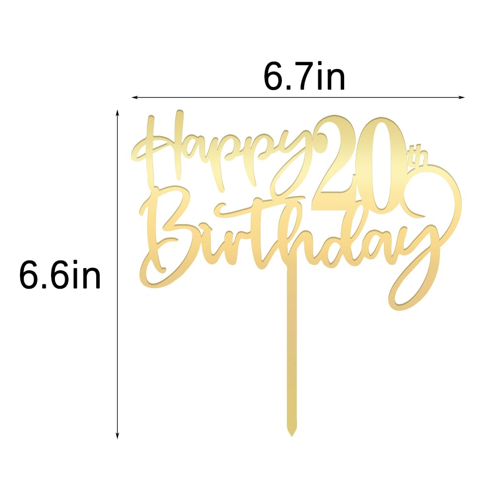 Happy 20Th Birthday Cake Topper - Mirrored Gold Acrylic, Party Decorations