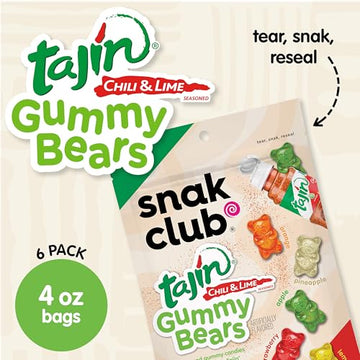 Snak Club Tajin Gummy Bears, Assorted Fruit Candy Gummies with Chili and Lime Seasoning, Mild, Gluten-Free and Vegan Snacks, 4 o