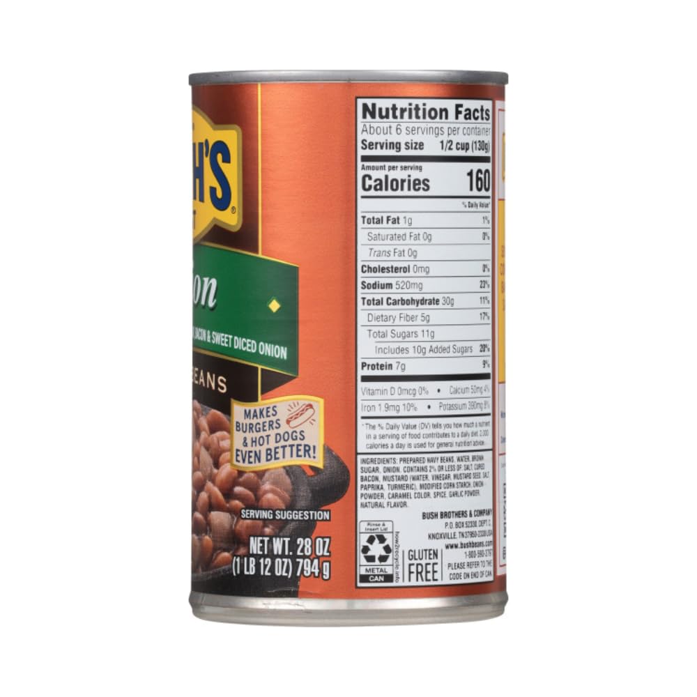 Bush'S Best Onion Baked Beans, Gluten And Cholesterol Free, Good Source Of Fiber, Low Fat, 7G Of Protein And 5G Of Fiber Per Ser