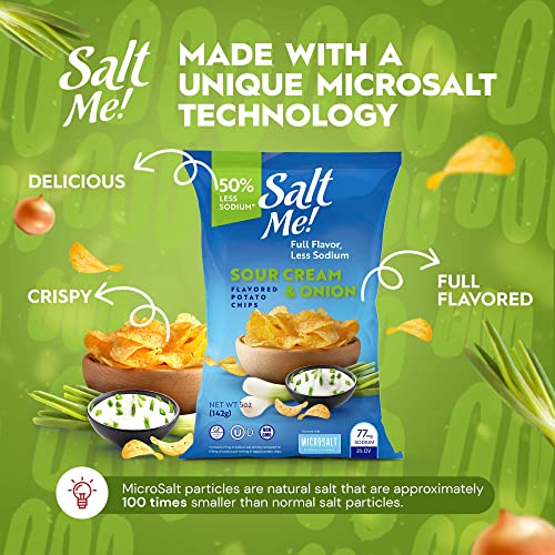 SaltMe! Sour Cream & Onion Potato Chips, 50% Low Salt, Kosher, Non-GMO, Better for You Chips, Flavorful, 5 Ounces, Pack of 6