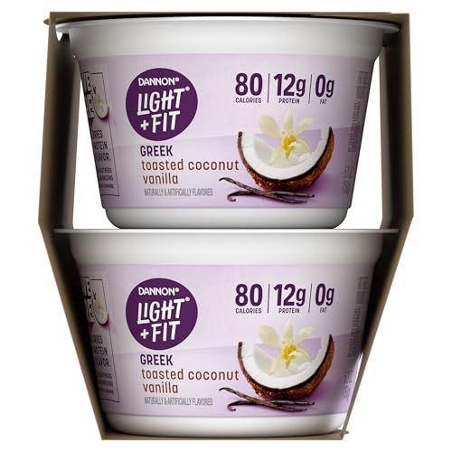 Dannon Light + Fit Greek Toasted Coconut Vanilla Fat Free Yogurt, Creamy and Delicious Gluten Free Yogurt, 4 Ct, 5.3 OZ Yogurt C
