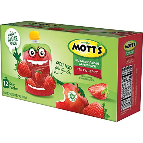 Motts No Sugar Added Strawberry Applesauce, 3.2 oz clear pouches, 12 count