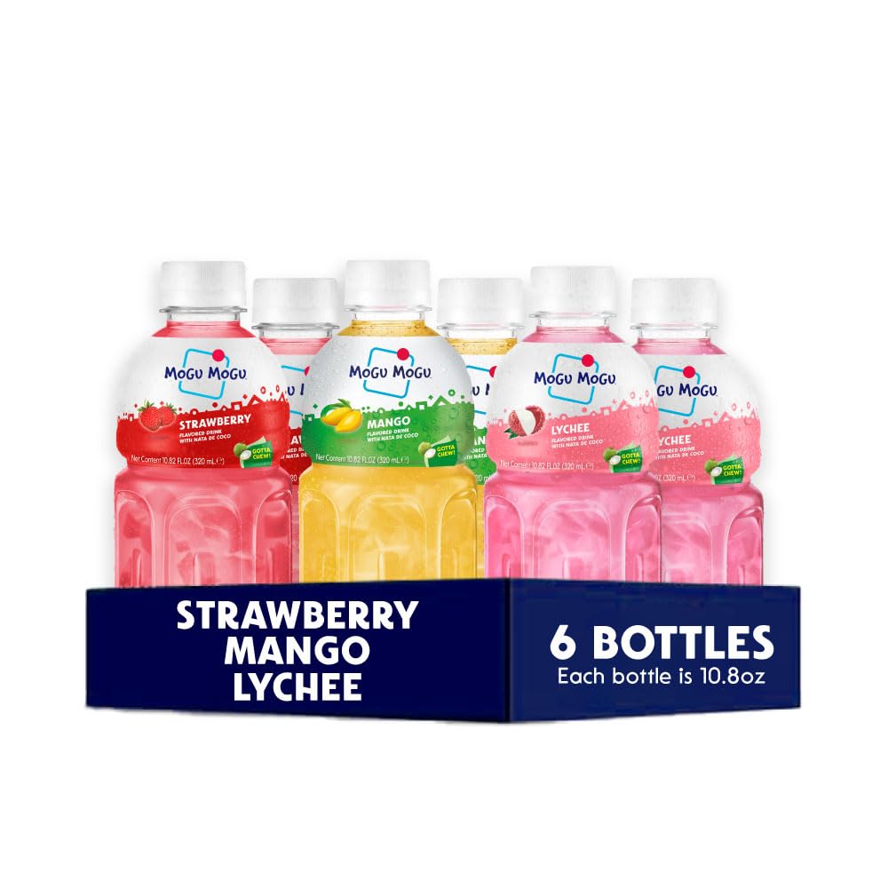 Mogu Mogu Drink Variety Pack - 6 Chewable Juice Boxes with Lychee, Mango, and Strawberry Flavors for Kids