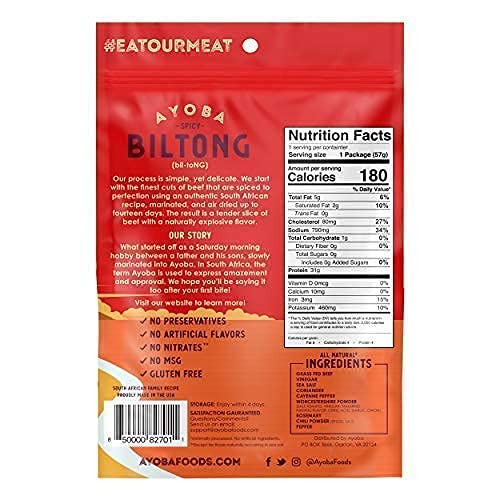 Ayoba Spicy Biltong - Grass Fed, Keto And Paleo Certified Air-Dried Beef Snack - Better Than Jerky Tender Steak Cuts - Whole 30