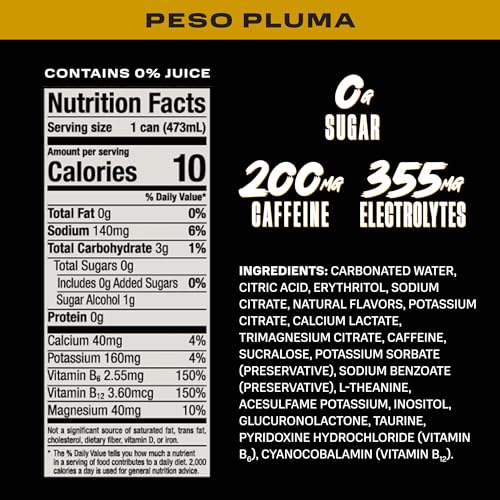 PRIME Energy PESO PLUMA  Zero Sugar Energy Drink  200mg Caffeine and 355mg of Electrolytes for Hydration  Vegan  Gluten Free 16 Fluid Ounce  12 Pack