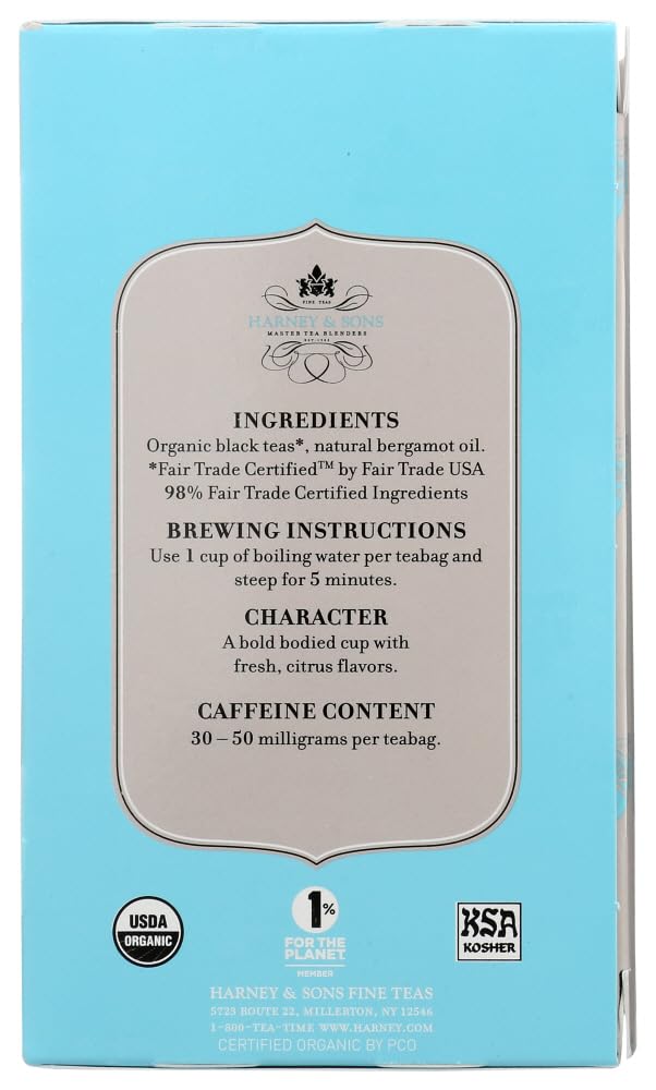 Harney & Sons enhanced Tea  Organic Earl Grey Supreme Black Tea  Individually Wrapped Tea Bags  20/box