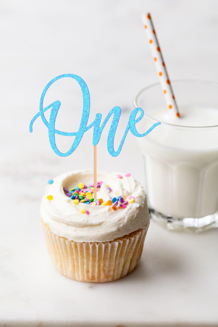 24Pack First Birthday Cupcake Topper - Glitter Light Blue One Cupcake Picks,1St Birthday Cupcake Decorations Supplies (Light Blu