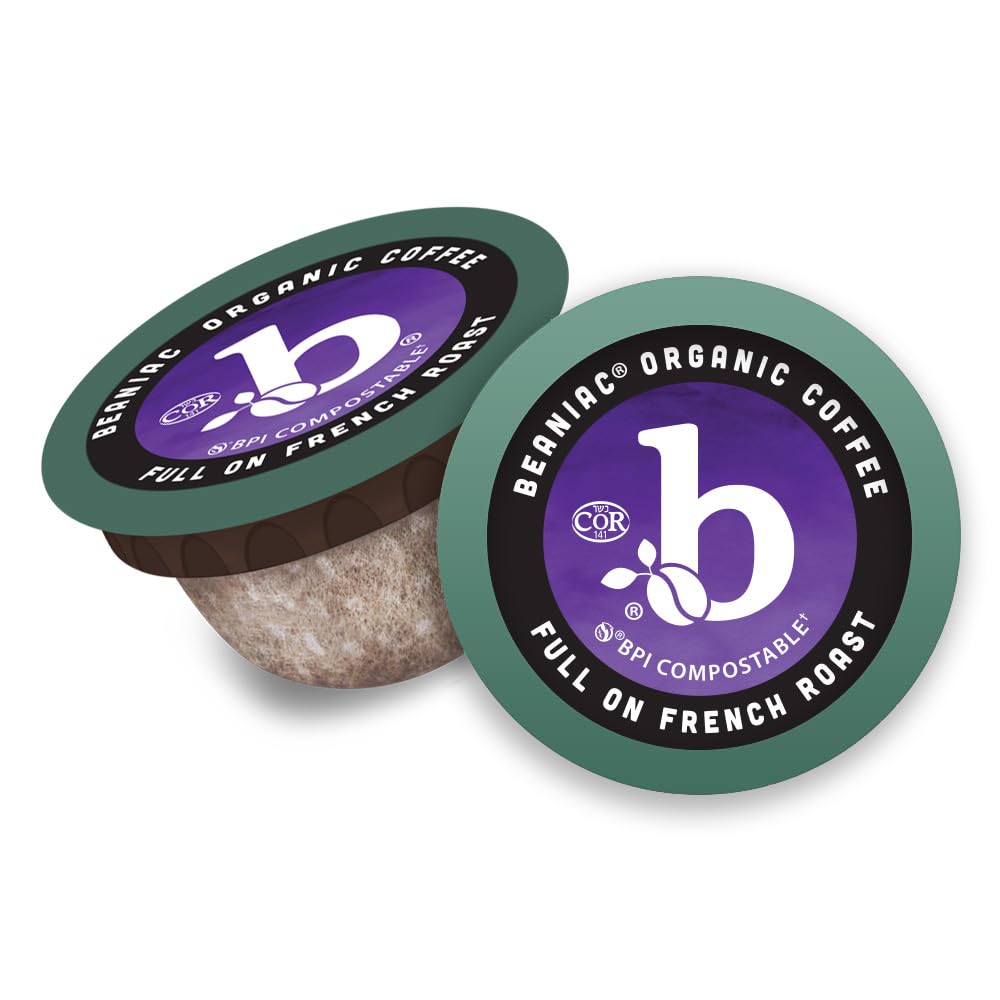 beaniac Organic French Roast Coffee Pods, Dark Roast, Compostable K Cups, 30 Count
