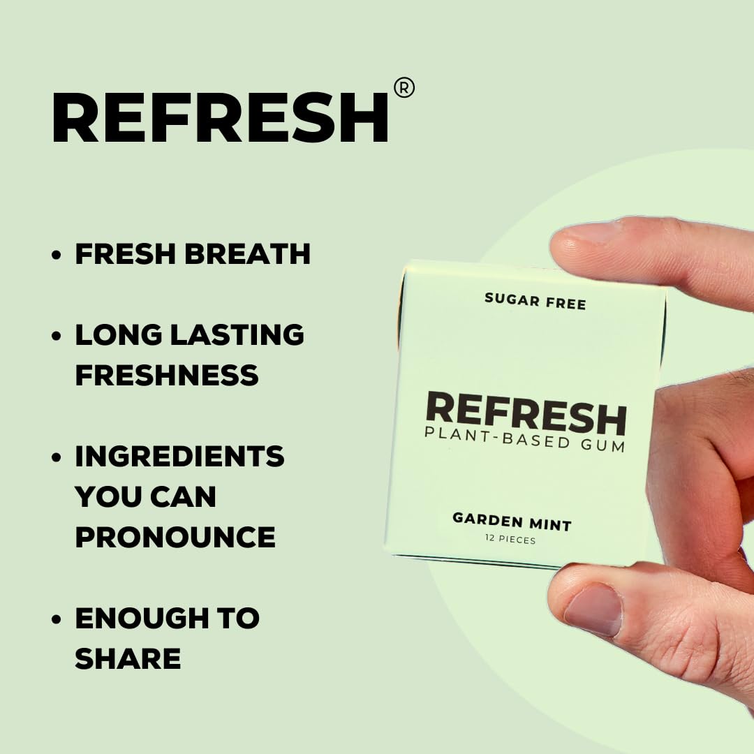 Refresh Plant Based Gum, Sugar Free, Long Lasting Chewing Gum With Stevia, Xylitol, Natural Flavors & Organic Ingredients, Low C