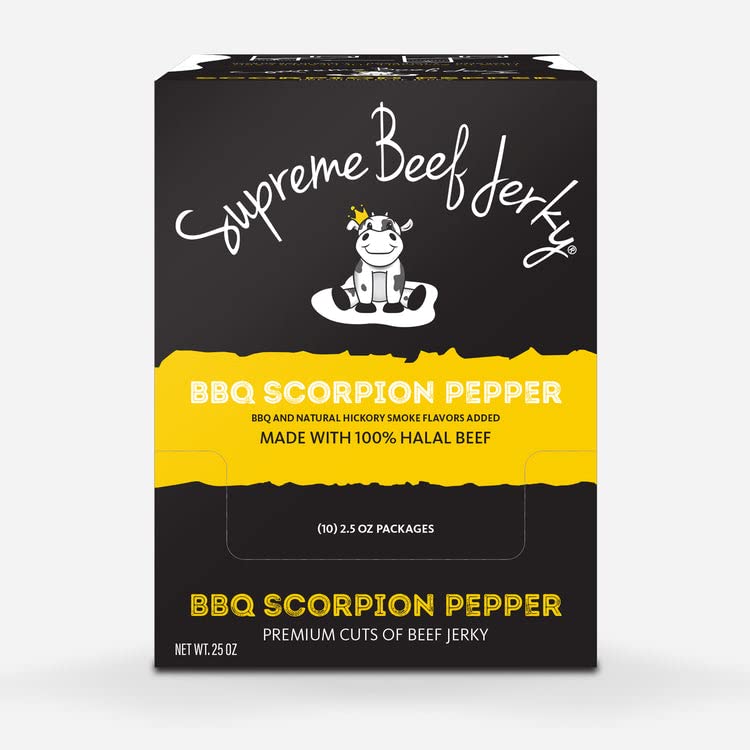 Supreme Beef Jerky, Halal Beef Jerky, Zabiha Halal Certified Beef, Handcrafted Gourmet Meat Snacks, 2.5 Oz Bbq Scorpion Pepper,