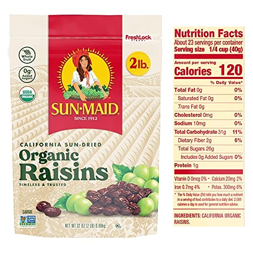 Sun-Maid Organic California Sun-Dried Raisins - (2 Pack) 32 oz Resealable Bag - Organic Dried Fruit Snack for Lunches, Snacks, a