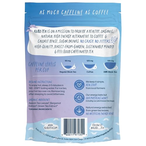 High Caffeine Tea (155 Mg) - Kubo Tea: Organic Earl Grey Black Tea Bags For Clean Energy & Focus | Healthy Coffee Substitute | Bergamot Caffeine Blend | 20 Ct | Compostable Packaging