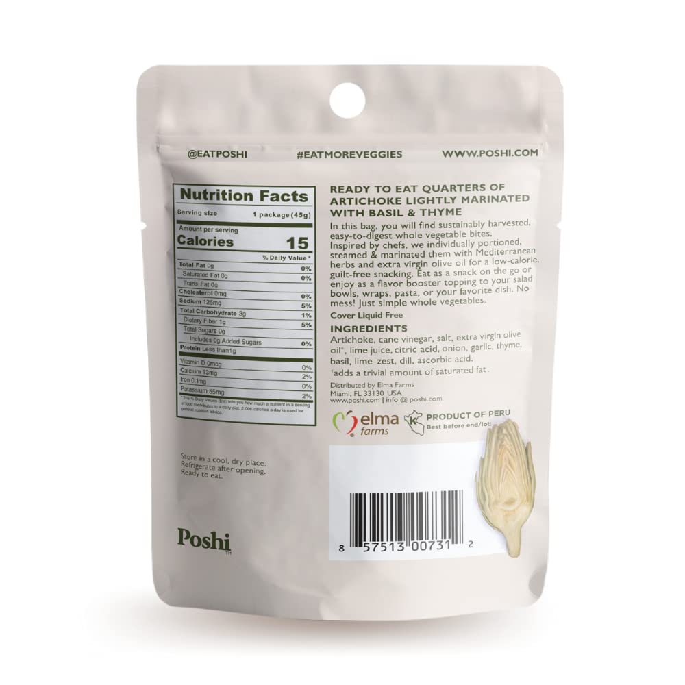 POSHI Artichoke Hearts with Basil and Thyme - Ready-to-Eat Snack Pack - Vegan, Keto, Low Carb, Gluten Free, Non-GMO (10 Pack, 1.