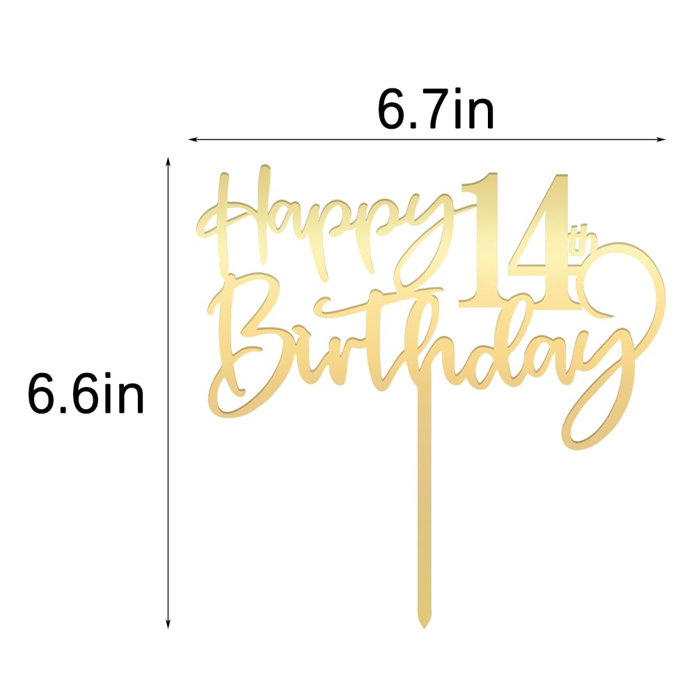 Bekaterea Happy 14 Th Birthday Cake Topper,Mirrored Gold Acrylic Durable Cake Topper,14Th Birthday Party Cake Decor S,Hello 14Th
