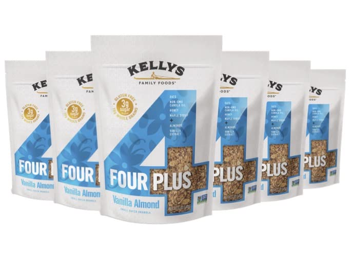 KellyS Four Plus Granola (Vanilla Almond) Granola Cereal With Whole Grain Oats  Honey  Maple Syrup - Non-Gmo  Low Sugar  Sodium Free And Gluten Free Granola For Yogurt - 12Oz - Pack Of 6