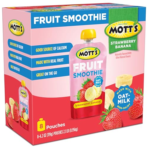 Motts Fruit Smoothies Strawberry Banana, 4.2 oz clear pouches, 8 Pack, Non-dairy, Made With Oatmilk, Made With Real Fruit, Good