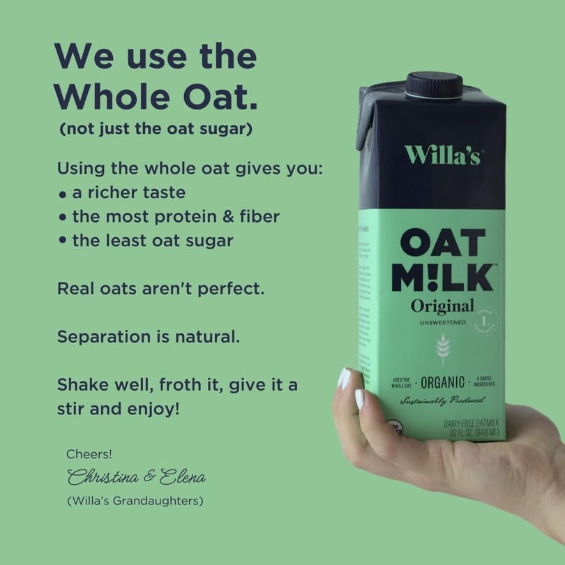 Willas Organic Oat Milk - Unsweetened Original Oatmilk, Non-GMO, Shelf Stable, Low Sugar, Non-Dairy Milk, Made from Whole Grain