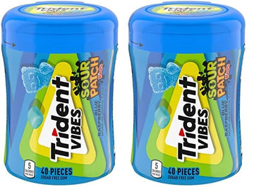 Trident Vibes Sour Patch Kids Blue Raspberry Sugar Free Gum, 40 Piece Bottle (Pack Of 2)