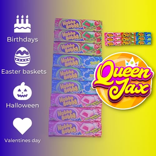 Hubba Bubba Max Bubble Gum - Variety Pack 3 Flavors (Total Of 9 Packs Of Gum) - Sour Blue Raspberry Bubble Gum - Strawberry Wate