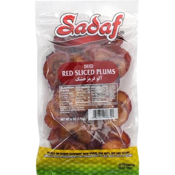 Sadaf Dried Red Sliced Plums - Dried Red Plums for Cooking, Baking, or Snacking - Sweet & Tangy Snack - 6 Oz Resealable Bag