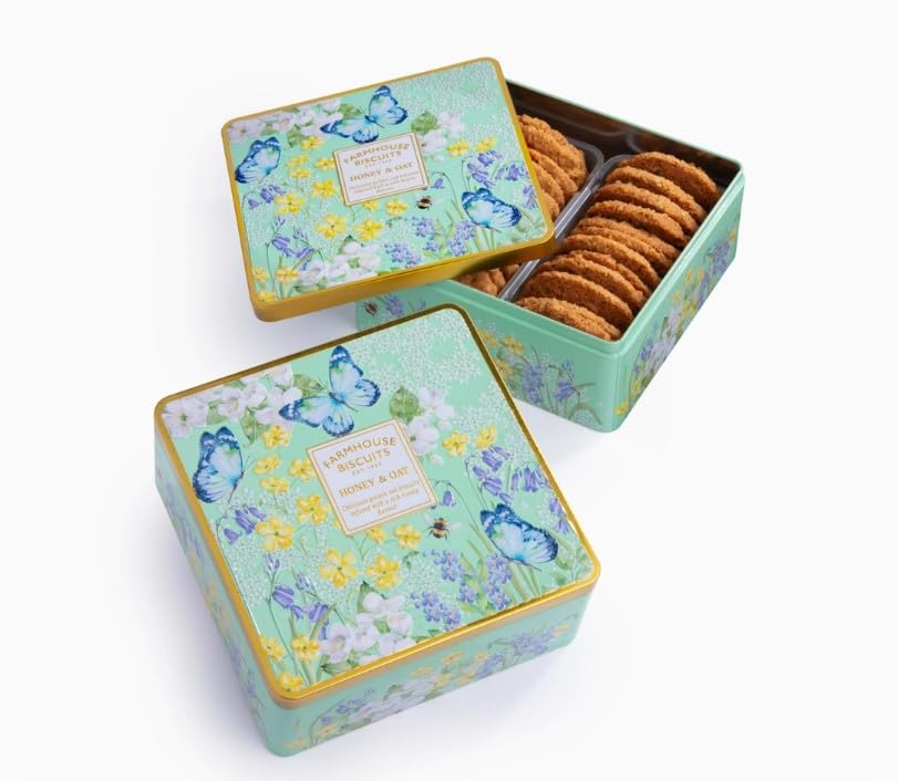 Farmhouse Biscuits, Spring Honey & Oat British Cookies In Decorative Tin, Imported, 10.5 Oz