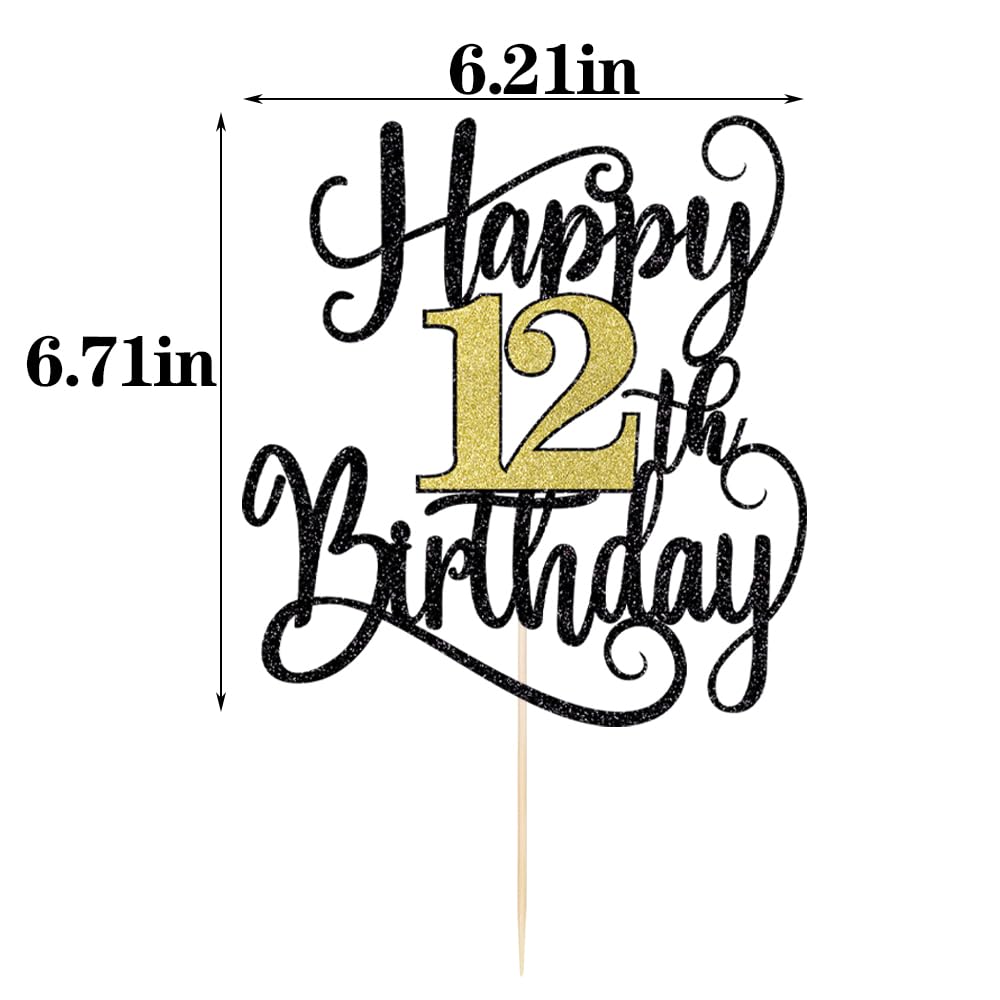 Happy 12Th Birthday Cake Topper, 12 Birthday Party Cake Decorations (Black And Gold Flashes, 12Th)