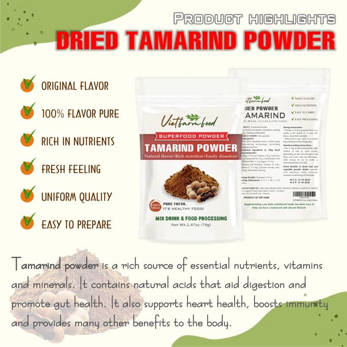 Tamarind Powder 2.47 Oz (70G) Vietfarmfood: Freeze-Dried Extracted From 100% Pure, Sugar-Free. Used To Mix Mixed Drinks Fresh Fr