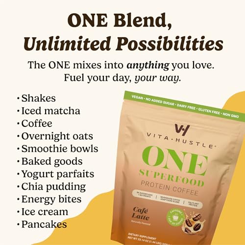 VitaHustle ONE Protein Coffee - Superfood Meal Replacement Powder  Plant Based Protein Shake Powder  Vegan. Superfoods  Vitamins  Ashwagandha  Functional Mushroom Blend (Cafe Latte) 15 Servings