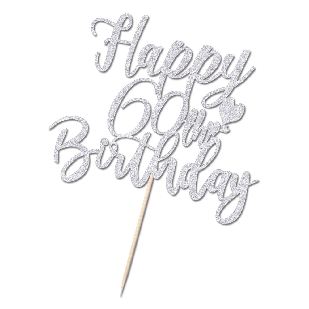 YUINYO 60th Birthday Cake Topper, Handmade Glitter Bunting Decor, Silver, Model MS-531