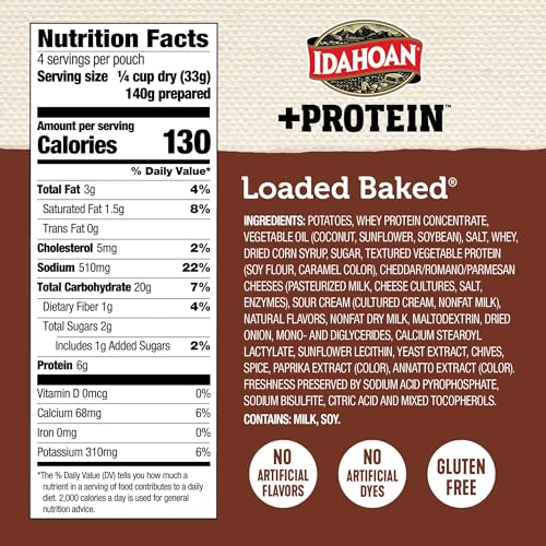 Idahoan Loaded Baked +Protein Mashed Potatoes, Naturally Gluten-Free, 100% Real Idaho Potatoes, 4 servings per bag, 4.6 ounce (P