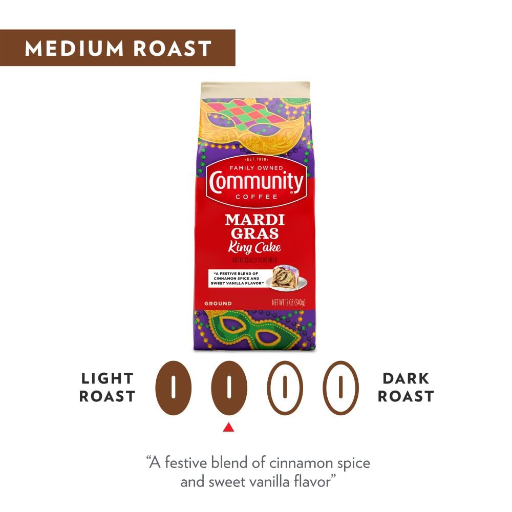 Community Coffee Mardi Gras King Cake Flavored Ground Coffee, Medium Roast, 32 Ounce Bag, Red