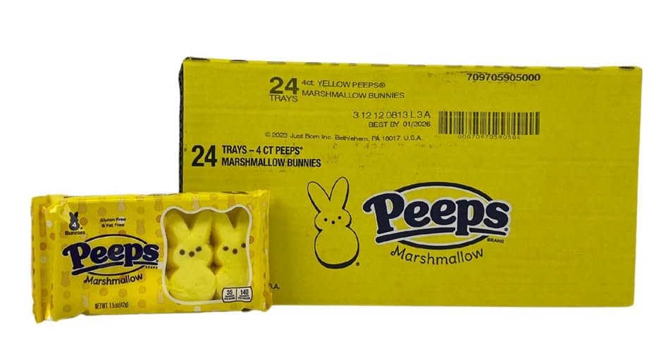 PEEPS Bulk Marshmallow Yellow Bunnies, Easter Candy, 24 Packs of 4 Count, Easter Basket Stuffers