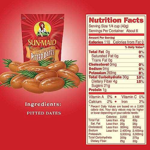 Sun-Maid Deglet Noor Pitted Dried Dates - (4 Pack) 8 oz Resealable Bag - Pitted Deglet Noor Dates Dried Fruit Snack for Lunches,