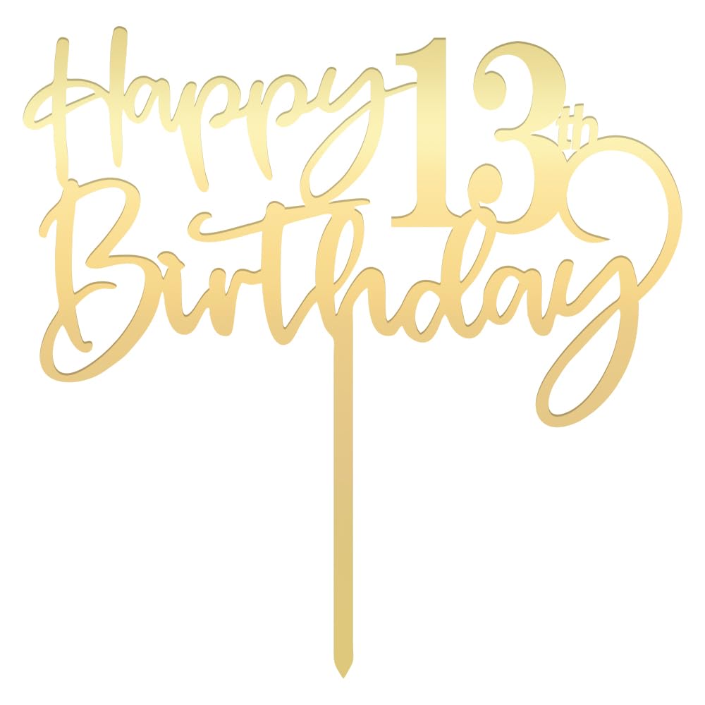 Happy 13 Th Birthday Cake Topper,Mirrored Gold Acrylic Durable Cake Topper,13Th Birthday Party Cake Decorations, Hello 13Th Year